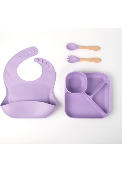 Silikon Sofra Dört Parçalı Set Tek Parça Kare Silikon Yemek Tabağı Çatal Kaşık Anne ve Çocuk Besleme Anti-Düşme Silikon (Yurt Dışından)