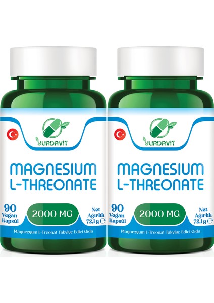 Magnesium L-Threonate 2000 mg 2 x 90 Vegan Kapsül Magnezyum 159 mg Magnezyum L-Treonat