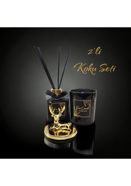 Yılbaşı Geyik Başlıklı Gold Detaylı Oda Kokusu ve Siyah Mum Seti 100 ml