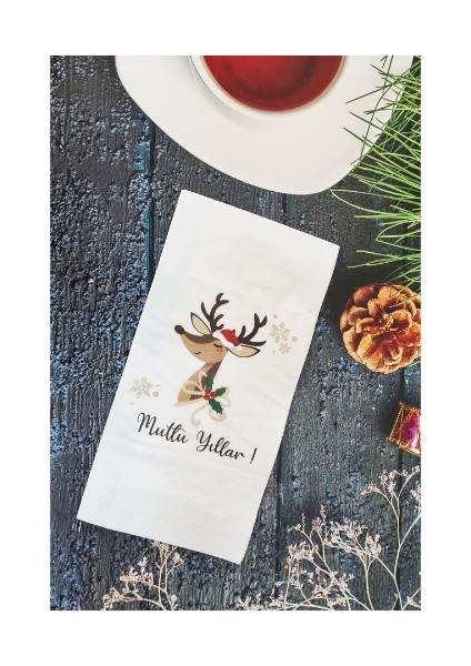 Mutlu Yıllar Yazılı Tatlı Geyik Yılbaşı Masası Sunum Peçetesi