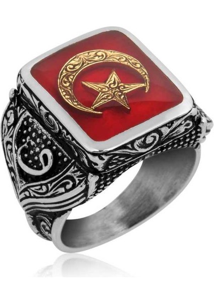 Gümüş Kırmızı Ay Yıldız Erkek Yüzük