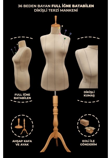 Yüksek Kalite Özel Punto Dikişli 36 Beden Full Iğne Batabilen Terzi Mankeni