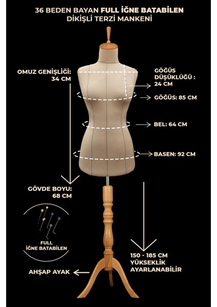 Yüksek Kalite Özel Punto Dikişli 36 Beden Full Iğne Batabilen Terzi Mankeni fiyatları