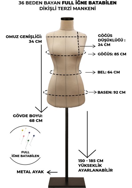 Yüksek Kalite Özel Punto Dikişli 36 Beden Full Iğne Batabilen Terzi Mankeni fiyatları