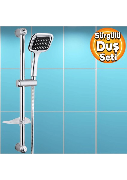 Duş Seti Sürgülü Banyo Duş Başlığı Seti Fiskiyesi Telefonu Kare Başlık Metal Hortum