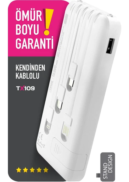 10.000 Mah Kablolu Dijital Göstergeli 10.000 Mah Garantili Dahili Stand TX109 Beyaz Powerbank