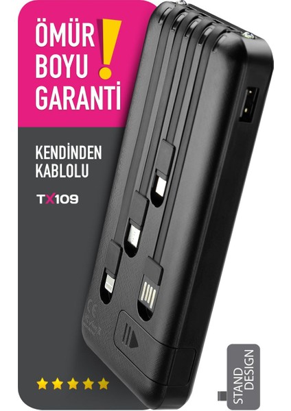 10.000 Mah Kablolu Dijital Göstergeli 10.000 Mah Garantili Dahili Stand TX109 Siyah Powerbank