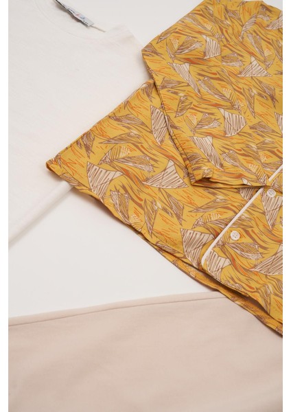 3'lü Ara Biyeli Tshirt Pantolon Taş Pijama Takımı modelleri