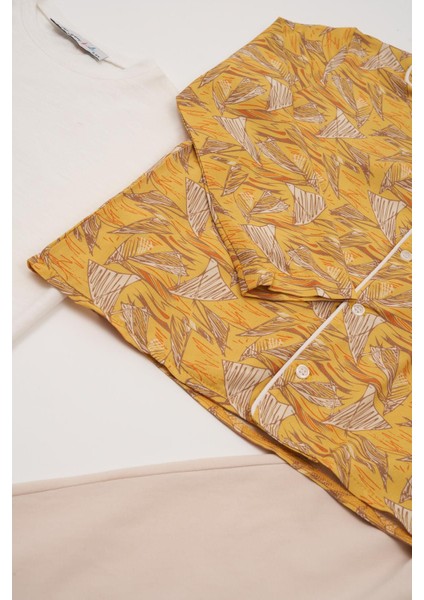 3'lü Ara Biyeli Tshirt Pantolon Taş Pijama Takımı indirimleri