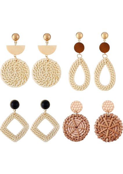 4 Çift Rattan Küpe Açı Vintage Dangle Küpe (Yurt Dışından)