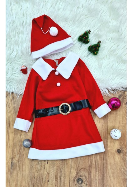 Kız Çocuk Noel Anne Yılbaşı Kostümü Etekli Şapkalı Elbise Yılbaşı Noel Baba Kostümü