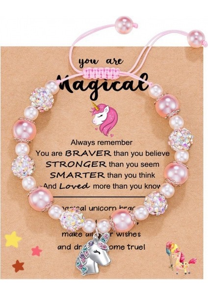 Kadın Bileklik Shambhala Pembe Inci Dokuma Pembe Bileklik Love Unicorn Charm Bileklik-Bileklik + Unicorn + Büyülü Kart (Yurt Dışından)