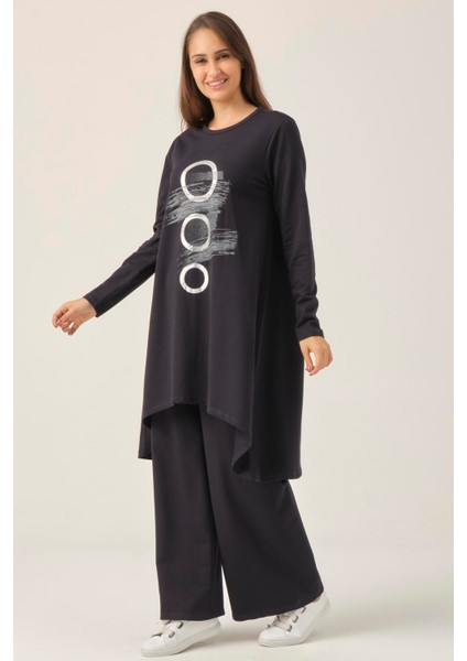 Kadın Lacivert Baskılı Tunik Pantolon İkili Takım DM51021 modelleri