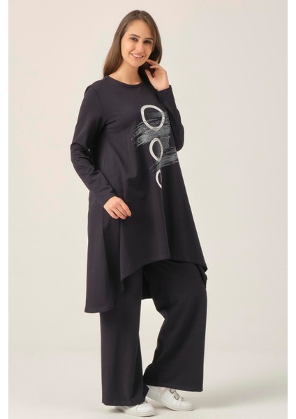 Kadın Lacivert Baskılı Tunik Pantolon İkili Takım DM51021 fırsatları