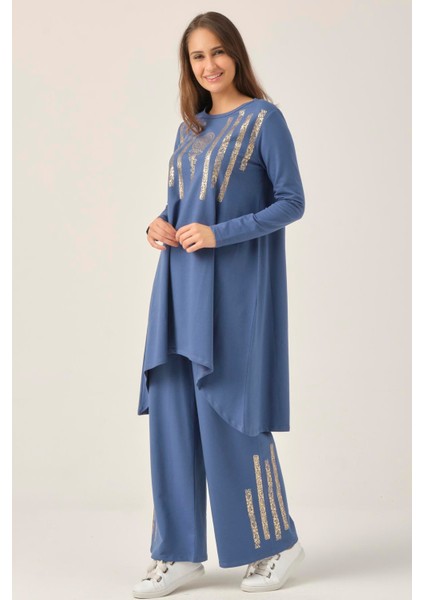 Kadın İndigo Baskılı Tunik Pantolon İkili Takım DM863