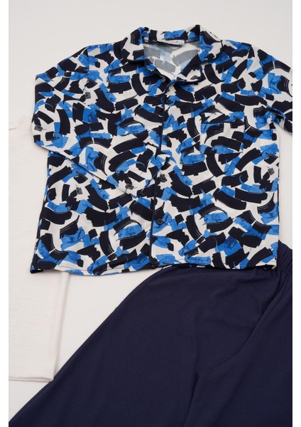3'lü Ara Biyeli Tshirt Pantolon Lacivert Pijama Takımı modelleri