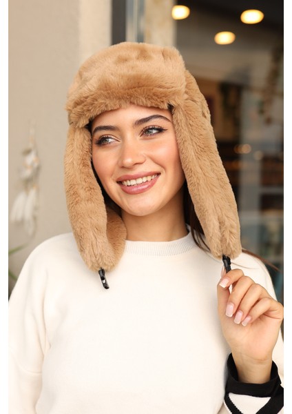 Çıtçıtlı Kürklü Kulaklıklı Peluş Bere Şapka Rkş-03 Camel