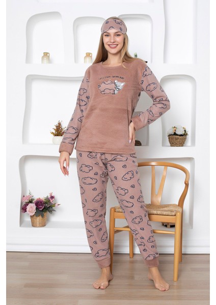 Fwn 5031 Peluş Welsoft Polar Kışlık Yumoş Kedi Desenli Kadın Pijama Takımı