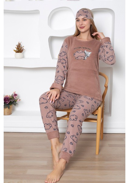 Fwn 5031 Peluş Welsoft Polar Kışlık Yumoş Kedi Desenli Kadın Pijama Takımı