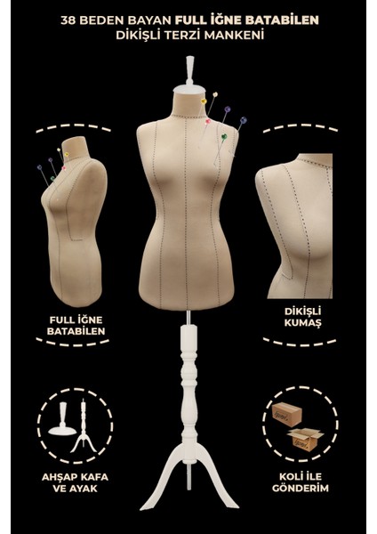 Yüksek Kalite Özel Punto Dikişli 38 Beden Full Iğne Batabilen Terzi Mankeni