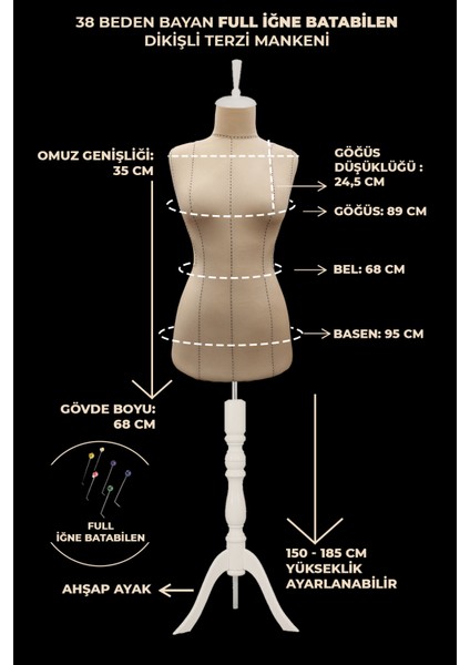 Yüksek Kalite Özel Punto Dikişli 38 Beden Full Iğne Batabilen Terzi Mankeni fiyatları