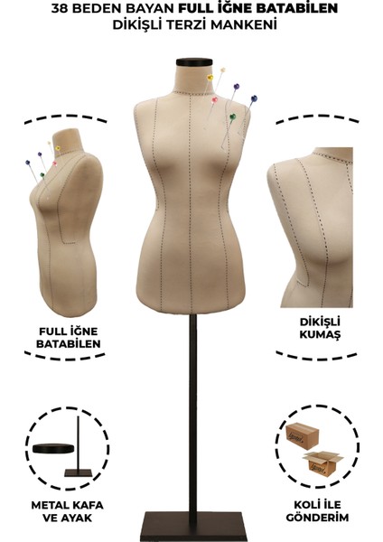 Yüksek Kalite Özel Punto Dikişli 38 Beden Full Iğne Batabilen Terzi Mankeni