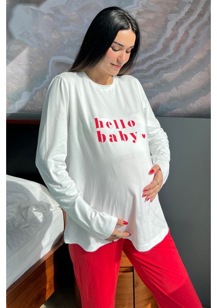 For You Mama Hello Baby Baskılı Hamile Uzun Kol Ekru Pijama Takımı