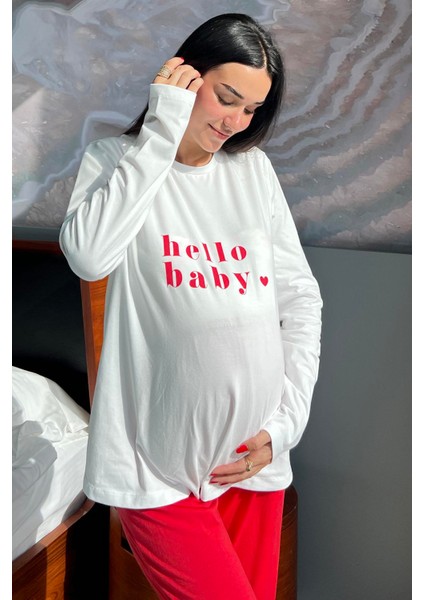 For You Mama Hello Baby Baskılı Hamile Uzun Kol Ekru Pijama Takımı