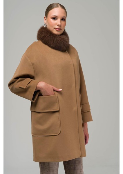 Çıkabilir Kürklü Torba Cepli Oversize Kaşmir Kaban Kamel 3924-TK