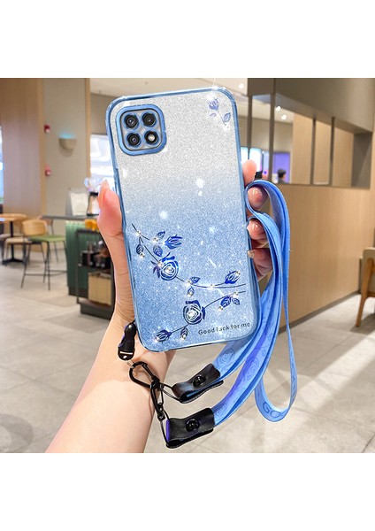 Samsung Galaxy A22 5g Tpu Çiçek Glitter Telefon Kapağı Kayışla (Yurt Dışından)