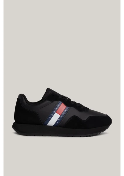 Tommy Hilfiger Erkek Marka Logolu Bağcıklı Kaydırmaz Tabanlı Günlük Siyah Sneaker EM0EM01316-BDS