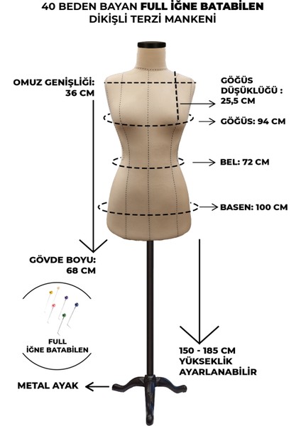 Yüksek Kalite Özel Punto Dikişli 40 Beden Full Iğne Batabilen Terzi Mankeni fiyatları