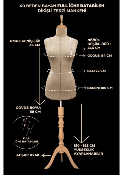 Yüksek Kalite Özel Punto Dikişli 40 Beden Full Iğne Batabilen Terzi Mankeni fiyatları