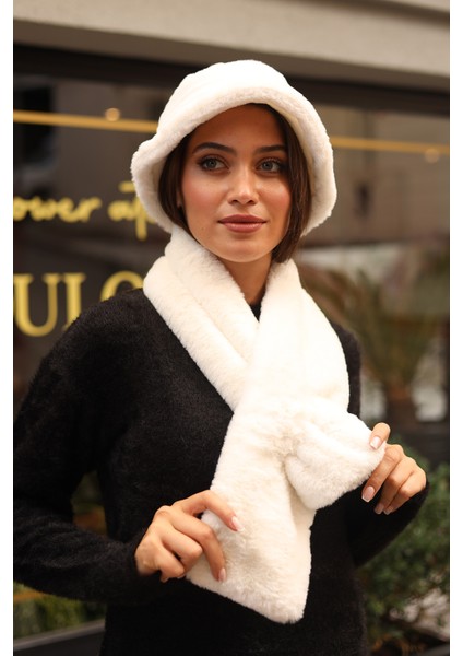 Kadın Peluş Kaşkol Boyunluk Atkı Rkb-01 Ekru