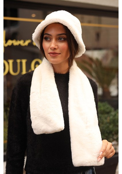Kadın Peluş Kaşkol Boyunluk Atkı Rkb-01 Ekru fiyatları