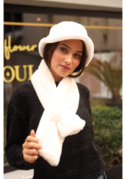 Kadın Peluş Kaşkol Boyunluk Atkı Rkb-01 Ekru modelleri