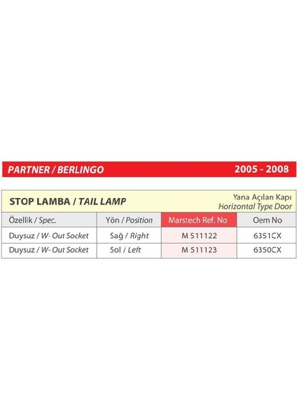 Partner-Berlingo Sol Stop Lamba Duysuz (Yana Açılan Kapı) 2005-2008