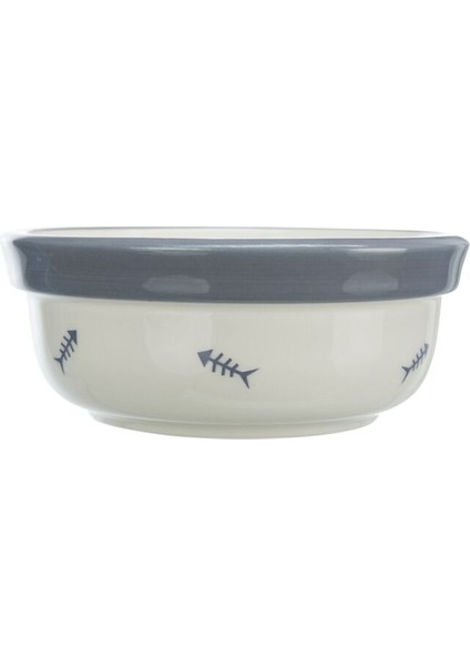 Kedi Mama ve Su Kabı, Seramik, 0,3lt / 12CM, Beyaz/mavi-Gri