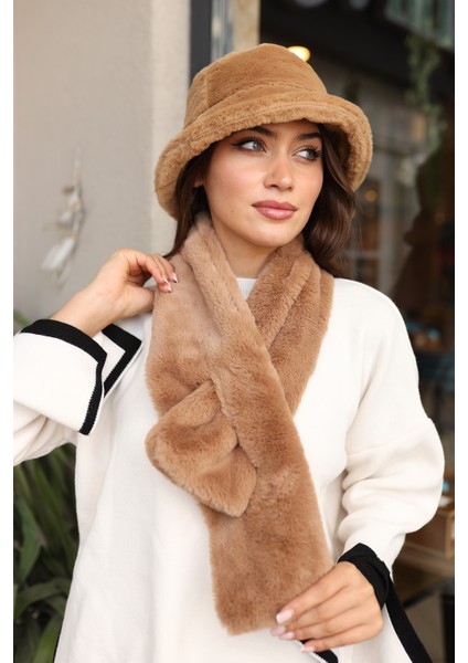 Kadın Peluş Kaşkol Boyunluk Atkı Rkb-01 Camel modelleri