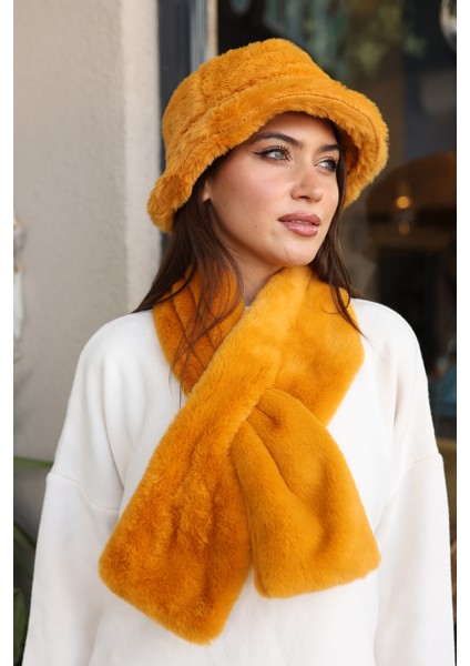 Kadın Peluş Kaşkol Boyunluk Atkı Rkb-01 Hardal