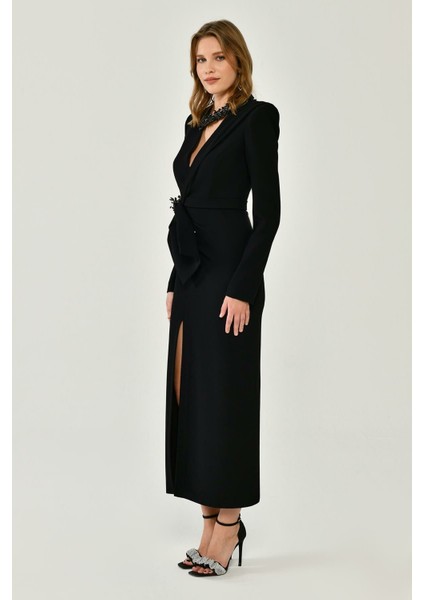 Kadın Saten Kumaş Uzun Kollu Yırtmaç Siyah Abiye & Mezuniyet Elbisesi AB6344-SİYAH modelleri