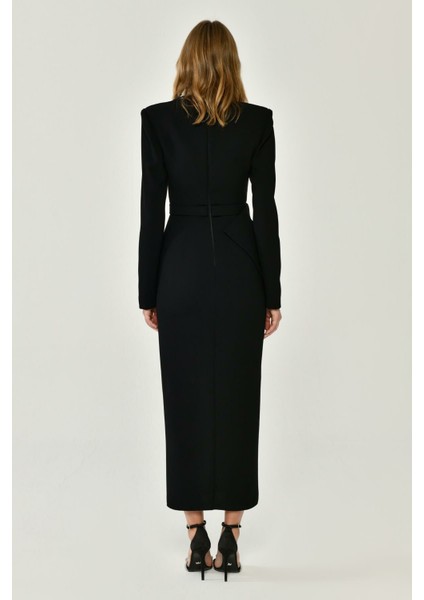 Kadın Saten Kumaş Uzun Kollu Yırtmaç Siyah Abiye & Mezuniyet Elbisesi AB6344-SİYAH indirimleri