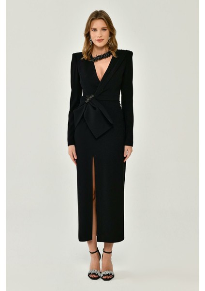 Kadın Saten Kumaş Uzun Kollu Yırtmaç Siyah Abiye & Mezuniyet Elbisesi AB6344-SİYAH