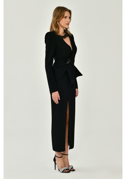 Kadın Saten Kumaş Uzun Kollu Yırtmaç Siyah Abiye & Mezuniyet Elbisesi AB6344-SİYAH fırsatları