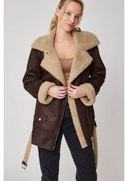 Suni Deri Içi Kürk Detaylı Uzun Biker Ceket modelleri