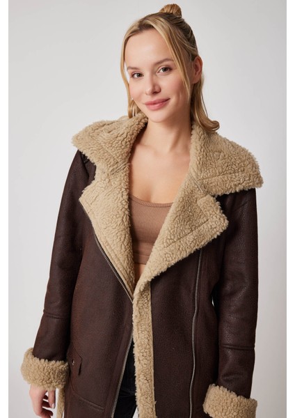 Suni Deri Içi Kürk Detaylı Uzun Biker Ceket fırsatları