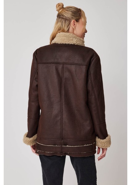 Suni Deri Içi Kürk Detaylı Uzun Biker Ceket indirimleri
