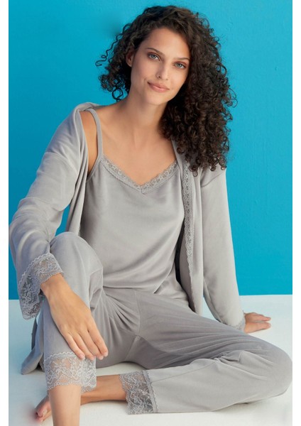 Kadın 13402-1 Dantelli Sabahlık Kadife Pijama Takım Gri