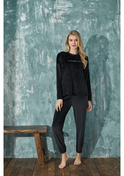 Kadın Önü Yazılı 13112-5 Kadife Pijama Takımı Siyah