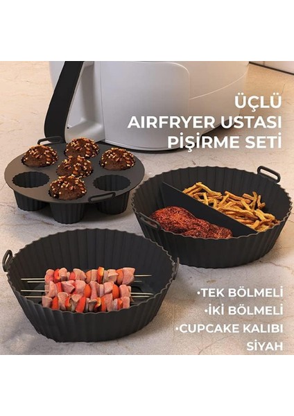 Güncelçarşı Airfryer Ustası 3'lü Pişirme Seti, Silikon Airfryer Pişirme Kağıdı, Bpa Içermez, Yapışmaz Kolay Temizlenir Muffin Cupcake, Iki Bölmeli Silikon Pişirme Kabı